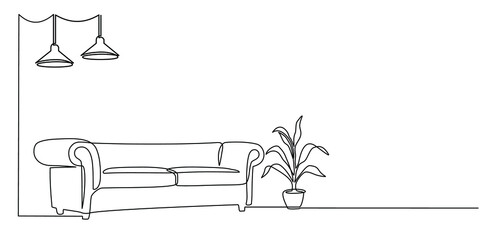 Continuous line drawing of furniture for living room interior with chair lamp and potted plants. Stylish furniture for the living room interior in doodle style.