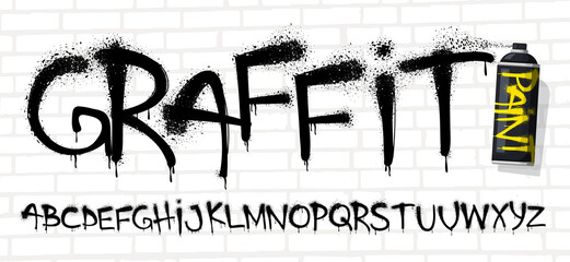 Spray graffiti font. Urban wall tagging lettering, street art text with sprayed paint texture effect and grunge capital letters vector set - obrazy, fototapety, plakaty