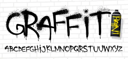 Zelfklevend Fotobehang Spray graffiti font. Urban wall tagging lettering, street art text with sprayed paint texture effect and grunge capital letters vector set © WinWin