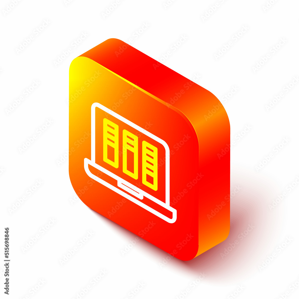 Poster isometric line sound or audio recorder or editor software on laptop icon isolated on white backgroun