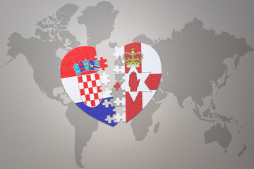 puzzle heart with the national flag of croatia and northern ireland on a world map background.Concept.