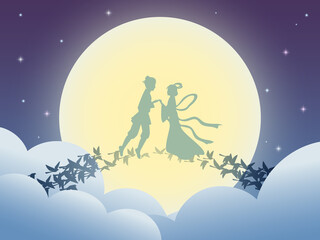 Cowherd and the Weaver meet Once a year by the help of magpies. Chinese valentines day vector illustration. 