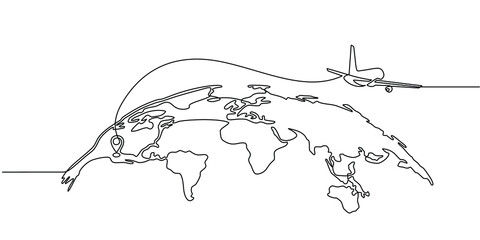 Continuous line drawing of airplane flight route and airport destination location. airplane path icon of airplane flight route with starting point location and world map in doodle style