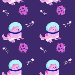 Seamless pattern Animals in space. Cute spitz astronaut planet and comet. Characters exploring universe galaxy. Cartoon vector illustration.