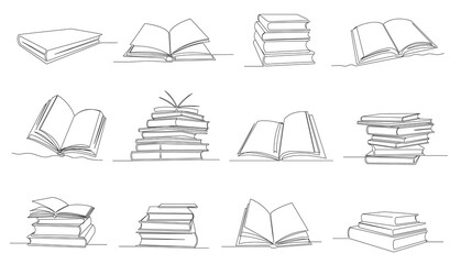 One line books. Open book with flying pages, knowledge piles and library single continuous outline vector Illustration set