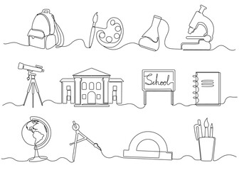 One continuous line school supplies. Minimalist hand drawn backpack, school building and globe. Education vector Illustration set © WinWin