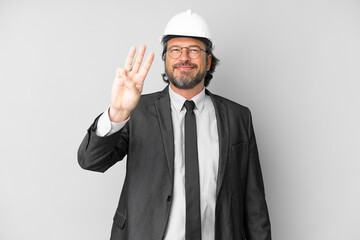 Young architect man with helmet over isolated background happy and counting three with fingers