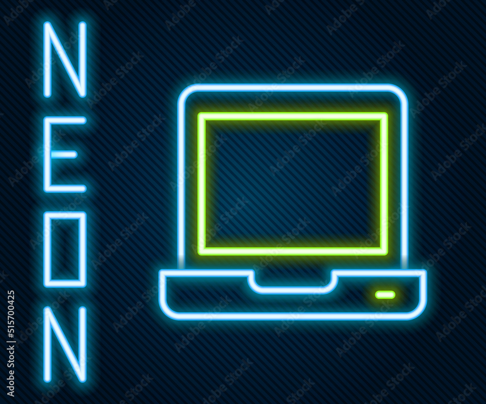 Poster glowing neon line laptop icon isolated on black background. computer notebook with empty screen sign