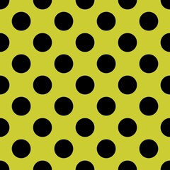 Seamless vector pattern or texture with black polka dots on dark, spring green background for kids background, desktop wallpaper and website design