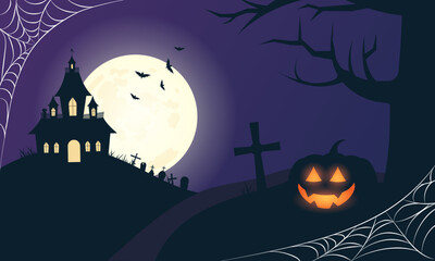 Halloween illustration, night scary landscape with moon, castle and pumpkin.