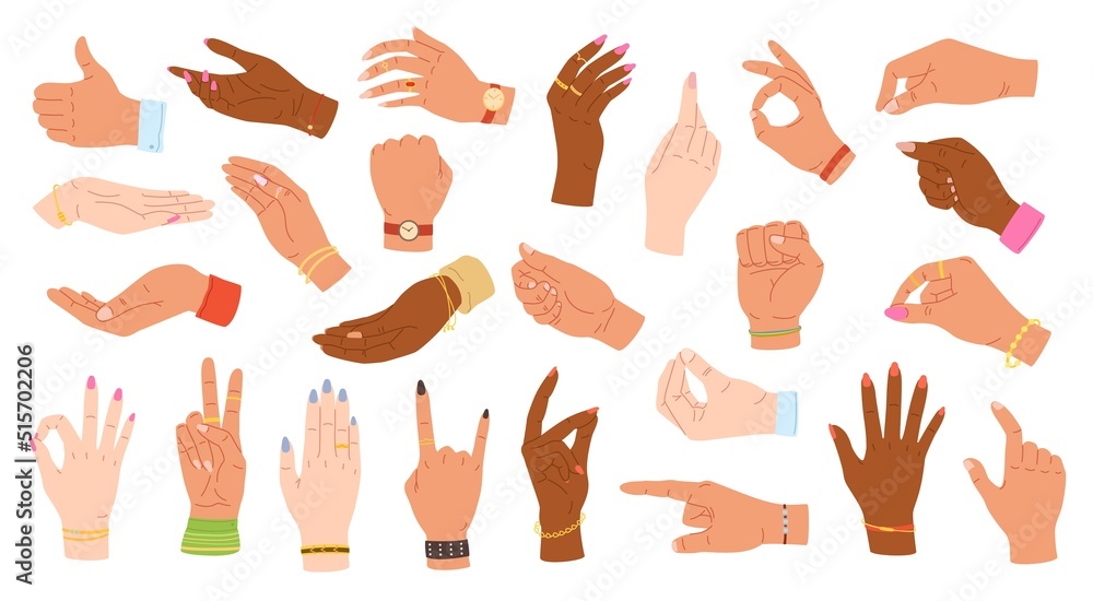 Wall mural hand gestures. human hands hold, point and grip. multiethnic hands with accessories on wrists vector