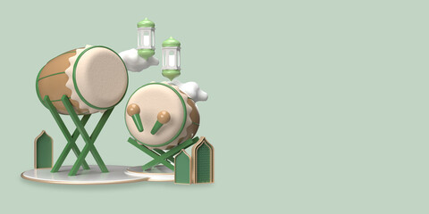 3d eid al fitr and al adha drum illustration and boho realistic rendering
