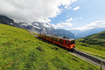 Naklejka na ściany i meble A cog-wheel train travels on famous Jungfrau Railway from Kleine Scheidegg to Jungfraujoch station ( top of Europe ) on the green grassy hillside, in Berner Oberland ( Bernese Highlands ), Switzerland