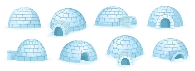 Cartoon igloo. Snow hut, winter house builded of snow and arctic shelter building from different angles vector set