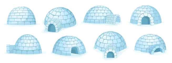 Fotobehang Cartoon igloo. Snow hut, winter house builded of snow and arctic shelter building from different angles vector set © WinWin