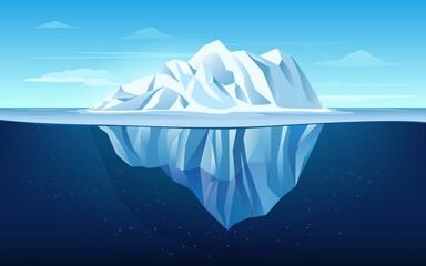 Cartoon iceberg. Growler floating In ocean, underwater part of the iceberg and tip. Giant ice ship vector background illustration