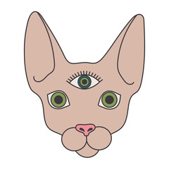 1970 psychedelic eye. Cat sphynx with third eye. Hippie 70s clipart. Trippy mystic visionary cat. Funny groovy cartoon vector illustration in trendy retro colors isolated on white background.