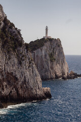 Fototapeta na wymiar view of the sea and the lighthouse from the mountains in lefkada greece during summer holiday