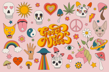 1970 groovy psychedelic clipart Set. Hippie 70s collection. Funny cartoon rainbow, peace, heart, daisy, acid mushroom. Sticker pack in trendy retro colors. Isolated vector illustration. Good vibes.