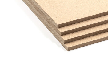 Four panels of raw mdf, stacked like stairs on the right side of a white background.