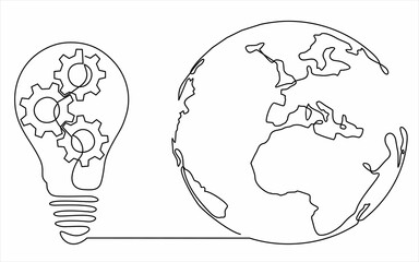 Continuous line drawing of Globe Earth and light bulb with metal gears wheels. Concept of Eco energy and environmental friendly sources. Can used for logo, emblem, slide show and banner. 
