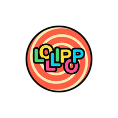 Lollipop text logo with big round candy. Colorful template and design. Vector illustration and drawing.