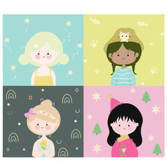 Cute girls vector cartoon set. Happy girl characters.