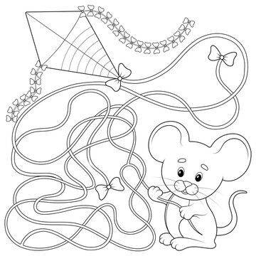 Game, find the right way. Mouse holding a kite. Teaching children logic in a playful way. Children coloring book.