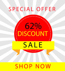 Sale special offer 62% off sign, 62 percent Discount sale minimal banner vector illustration