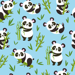 Pandas pattern. Seamles baby panda bears with bamboo branches, cute china animal vector background illustration © WinWin