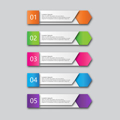 Infographics template 5 options with rectangle banner, can be used for workflow layout, diagram, website, corporate report, advertising, marketing. vector illustration.