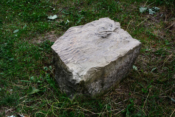 Big stone against the background of grass.