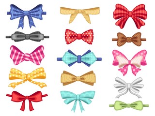 Cartoon bow accessories. Tied ribbons, bow-tie for lady and gentleman and gift wrapping ribbon bows vector set