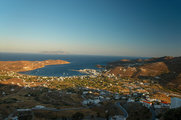 View over the Livadi bay from from the top of the hill in Chora town on Serifos island in Greece