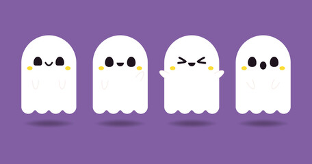 Happy halloween party greeting card with cute ghost. Holidays cartoon character. Cute spooky ghosts.