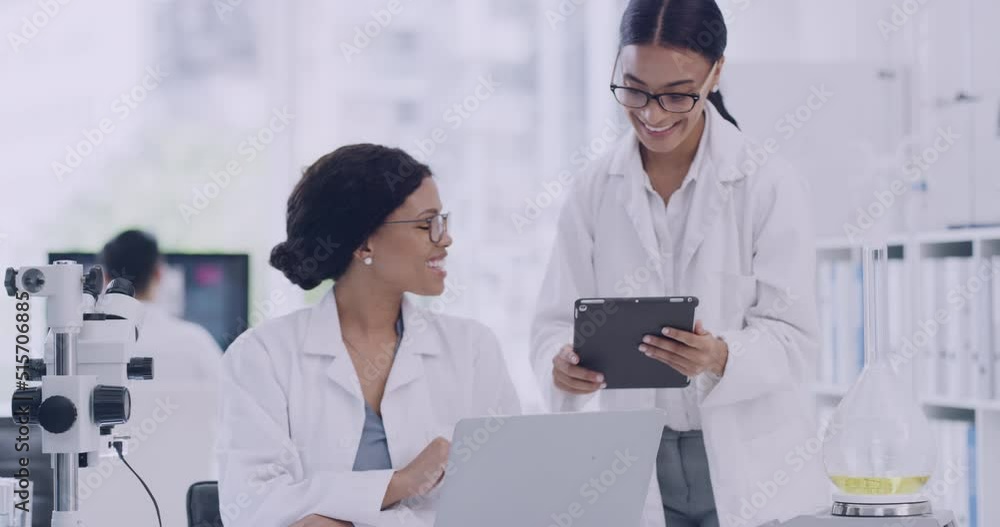 Poster Team of laboratory scientists using digital tablet and celebrating with high five gesture after genetic breakthrough in monkeypox cure. Two pathologists coworkers, biochemical engineers using laptop
