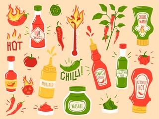 Hot sauces. Sweet chilli, spicy mayo and ketchup bottles. Wasabi, mustard and flaming peppers vector Illustration set