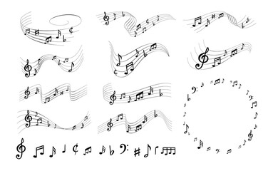 Sheet music notes. Elegant musically lines, musical notation swirls with note symbols vector illustration set