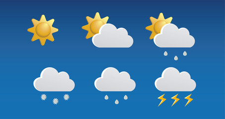 Obraz premium 3D weather forecast set. Different 3d icons different weather: Sunny, rainy, cloudy, snow, thunder