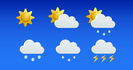 3D vector weather forecast set. Different 3d icons different weather: Sunny, rainy, cloudy, snow, thunder