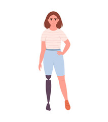 Fototapeta premium Disabled young woman with prosthetic leg. Female character with a physical disability. Hand drawn vector illustration.