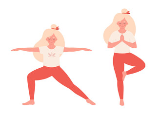 Woman doing yoga. Healthy lifestyle, self care, yoga, meditation, mental wellbeing. Hand drawn vector illustration