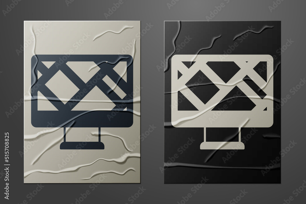 Poster white computer monitor and folded map with location marker icon isolated on crumpled paper backgroun