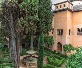 Aerial view at the Daraxa´s garden, on Nasrid Palaces inside the Alhambra fortress complex located in Granada, Spain