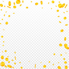 Chinese yuan coins falling. Fantastic scattered CNY coins. China money. Quaint jackpot, wealth or success concept. Vector illustration.