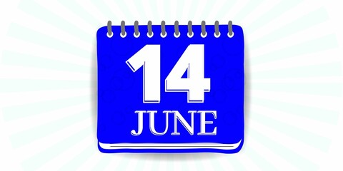 14 june, calendar with the day fourteen of the month of june in blue color and background white