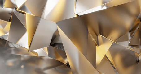 Abstract 3d rendering of the gold surface. Futuristic background with lines and low poly shapes. Crystals, diamonds
