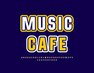 Vector stylish Signboard Music Cafe.  Elegant Alphabet Letters and Numbers. Modern bright Font