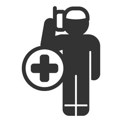 Rescuer talking on radiotelephone, red cross sign, ambulance - vector sign, web icon, illustration on white background, glyph style
