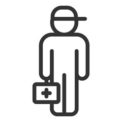 Rescuer with medical suitcase, red cross, ambulance - vector sign, web icon, illustration on white background, outline style